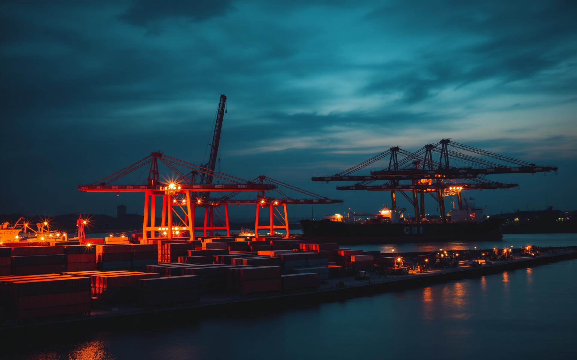 Container port at dusk